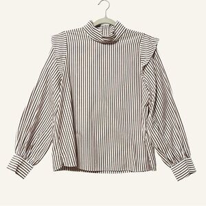 Everlane Ruffle Shoulder Mock Neck Blouse Top NWOT Size 8 Brown White Stripes